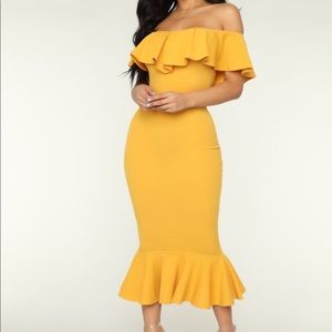 Yellow off shoulder ruffle dress